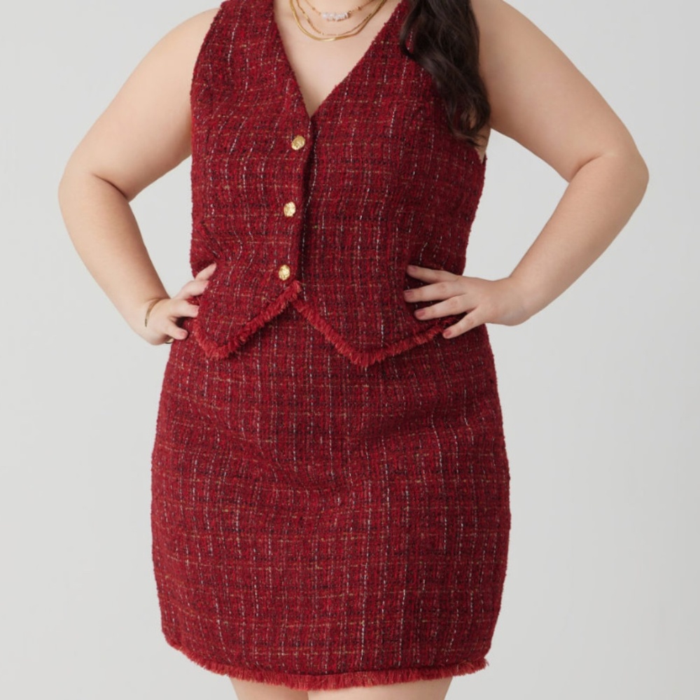 Red + Gold Tweed Vest & Skirt Set [CIDER]